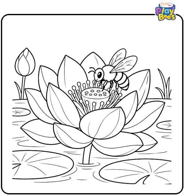 Lotus with Bee Landing on Center Coloring Page Lotus with Bee Landing on Center Coloring Page
