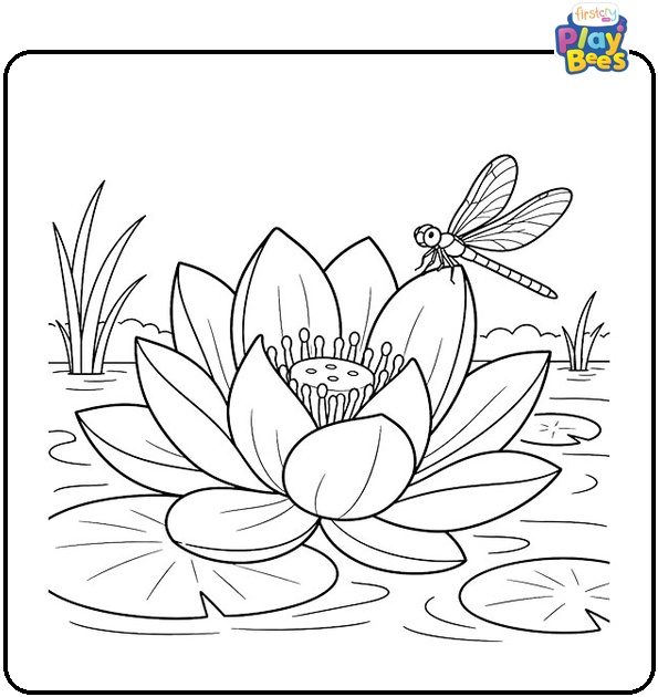 Lotus with Dragonfly Resting on Petal Coloring Page Lotus with Dragonfly Resting on Petal Coloring Page