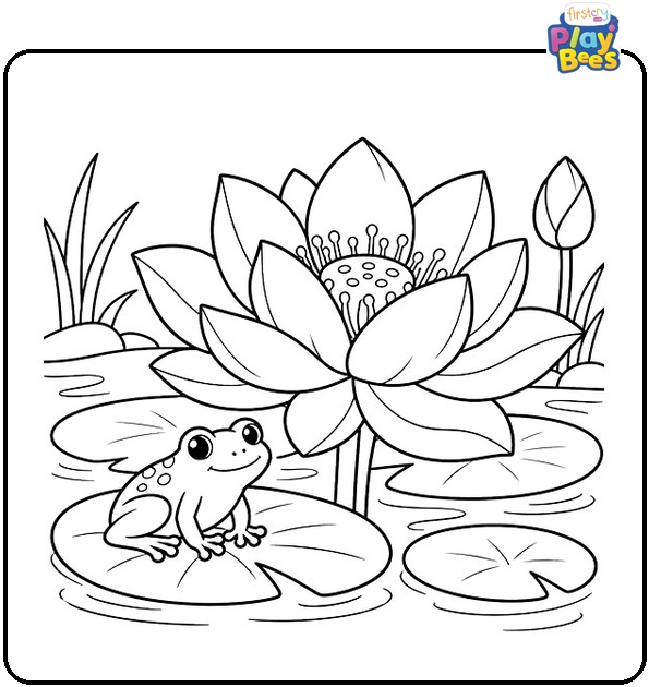 Lotus with Small Frog Resting Beside It Coloring Page Lotus with Small Frog Resting Beside It Coloring Page