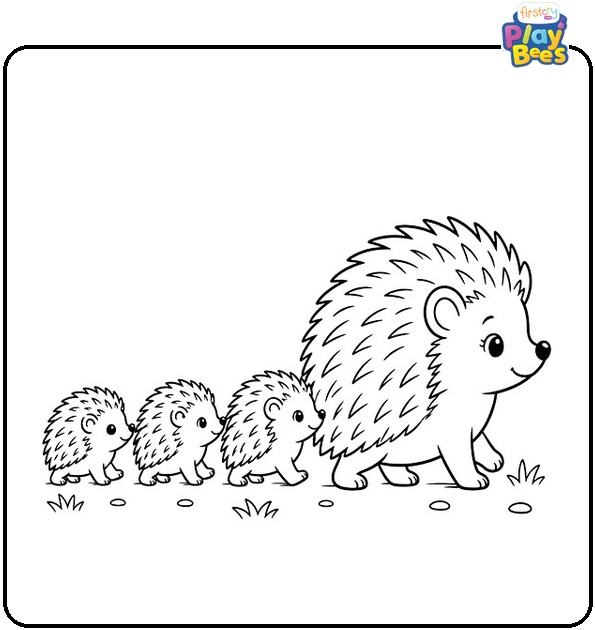 Mom Hedgehog Leading Her Babies Coloring Page