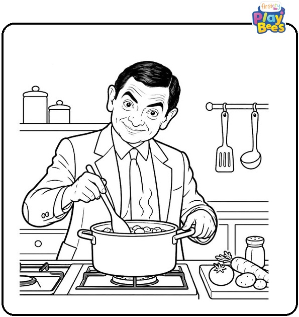 Mr.-Bean-Cooking-in-the-Kitchen-Coloring-Page Mr.-Bean-Cooking-in-the-Kitchen-Coloring-Page