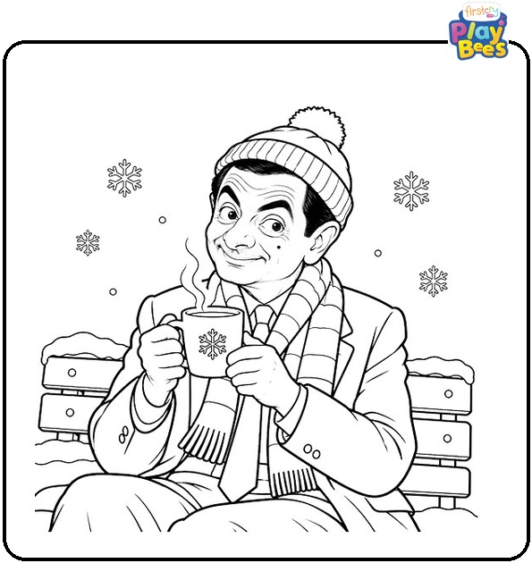Mr.-Bean-Drinking-a-Hot-Drink-in-Winter-Coloring-Page Mr.-Bean-Drinking-a-Hot-Drink-in-Winter-Coloring-Page