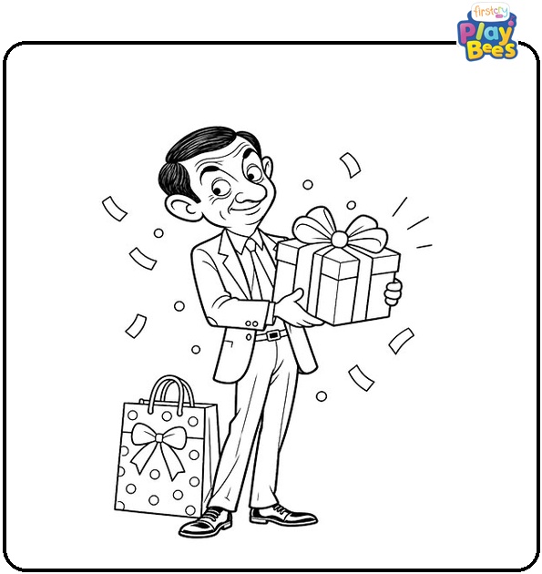 Mr.-Bean-Holding-a-Gift-Box-Coloring-Page Mr.-Bean-Holding-a-Gift-Box-Coloring-Page