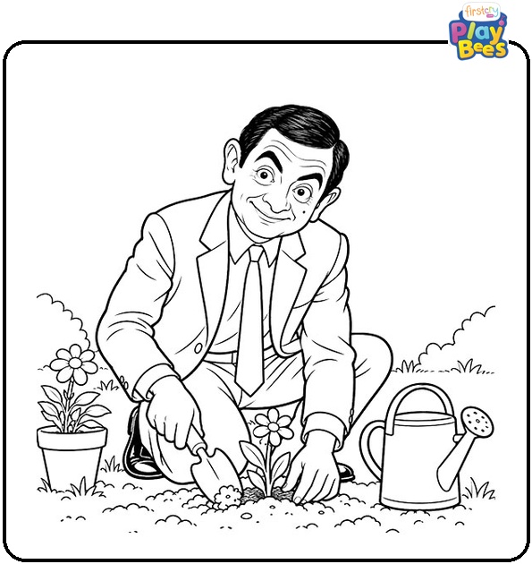 Mr.-Bean-Planting-a-Flower-Coloring-Page Mr.-Bean-Planting-a-Flower-Coloring-Page