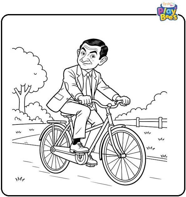 Mr.-Bean-Riding-a-Bicycle-Coloring-Page Mr.-Bean-Riding-a-Bicycle-Coloring-Page