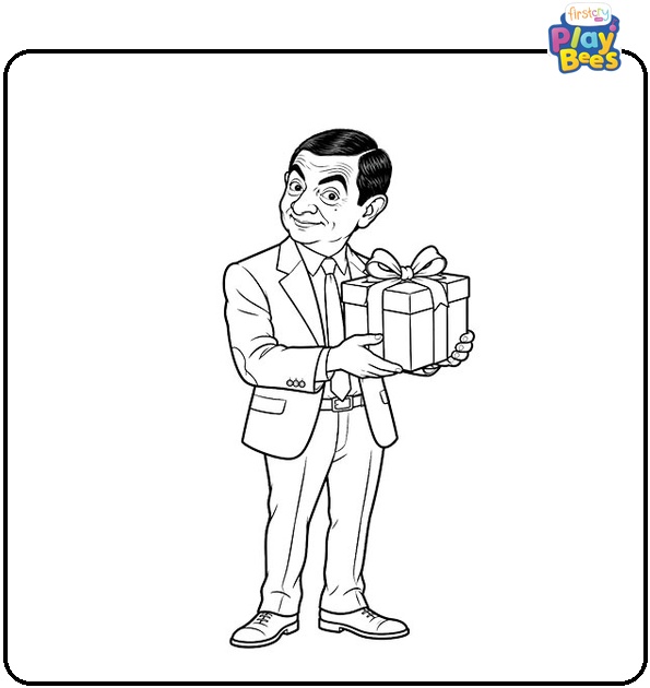 Mr.-Bean-With-a-Gift-Coloring-Page Mr.-Bean-With-a-Gift-Coloring-Page