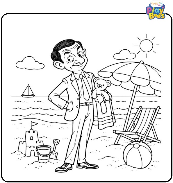 Mr.-Bean-on-the-Beach-Coloring-Page Mr.-Bean-on-the-Beach-Coloring-Page