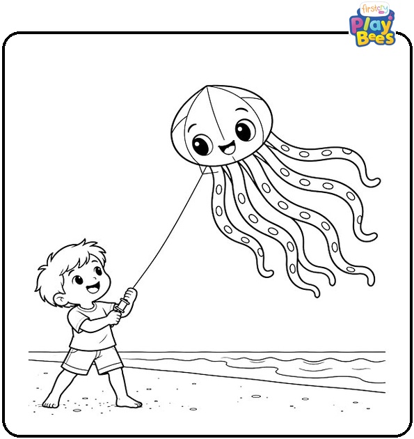 Octopus Kite at the Beach Coloring Page