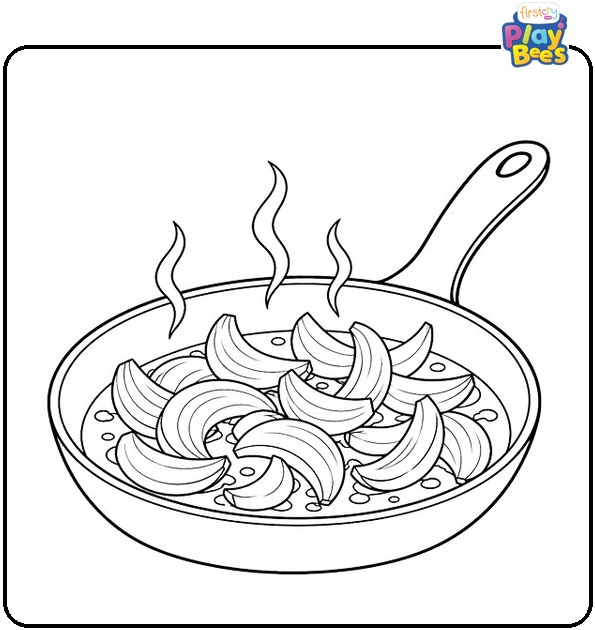 Onion Sizzling in a Frying Pan Coloring Page Onion Sizzling in a Frying Pan Coloring Page