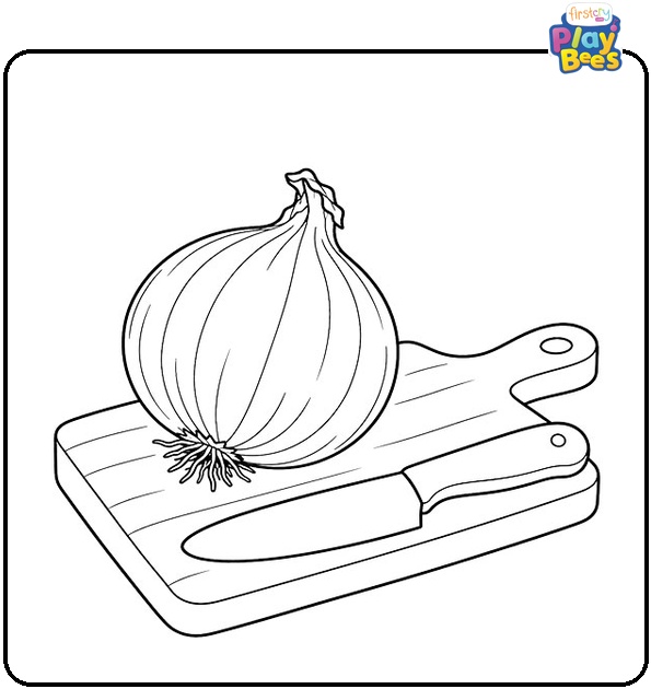 Onion on a Cutting Board with a Knife Coloring Page Onion on a Cutting Board with a Knife Coloring Page