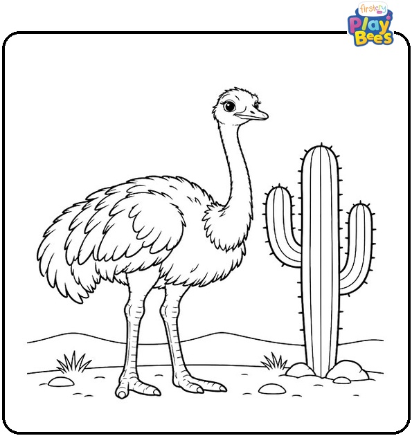 Ostrich-by-a-Cactus-Coloring-Page