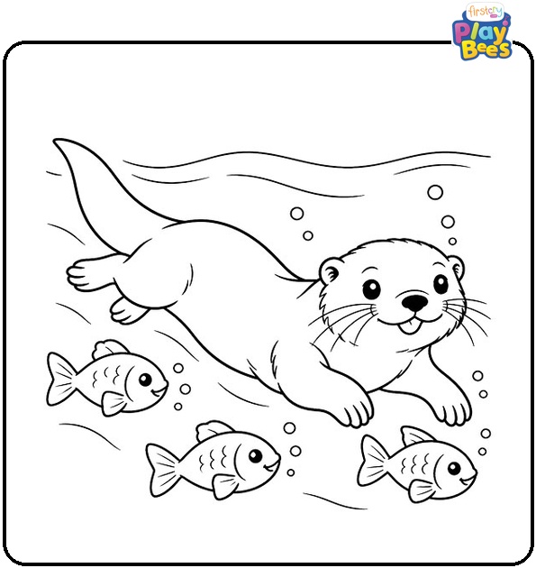 Otter-Swimming-with-Fish-Coloring-Page Otter-Swimming-with-Fish-Coloring-Page