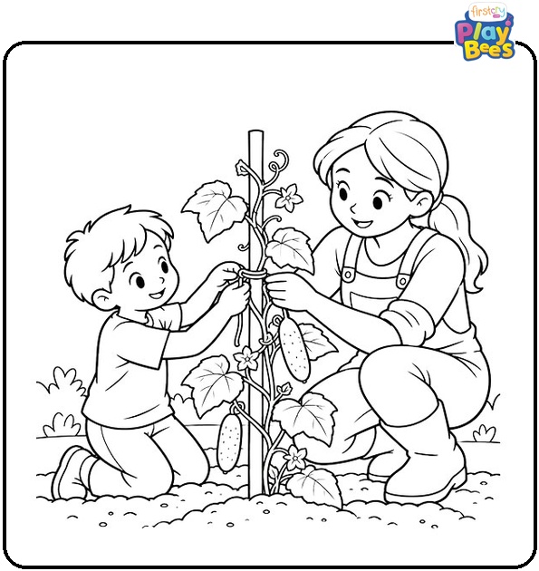 Parent-and-Child-Tying-a-Cucumber-Vine-to-a-Stake-Coloring-Page Parent-and-Child-Tying-a-Cucumber-Vine-to-a-Stake-Coloring-Page