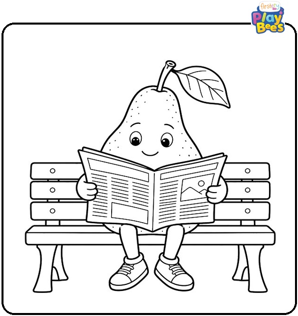 Pear Reading a Newspaper on a Bench Coloring Page