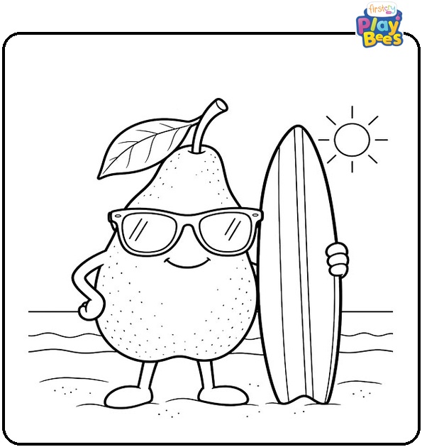 Pear with Sunglasses and Surfboard Coloring Page Pear with Sunglasses and Surfboard Coloring Page