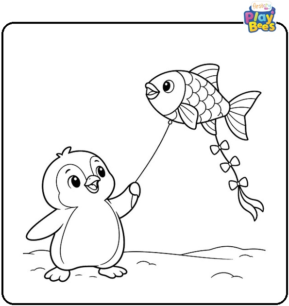 Penguin Flying a Fish Shaped Kite Coloring Page