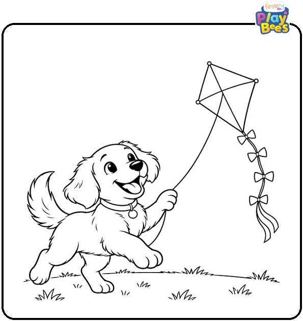 Playful Dog Flying a Kite Coloring Page