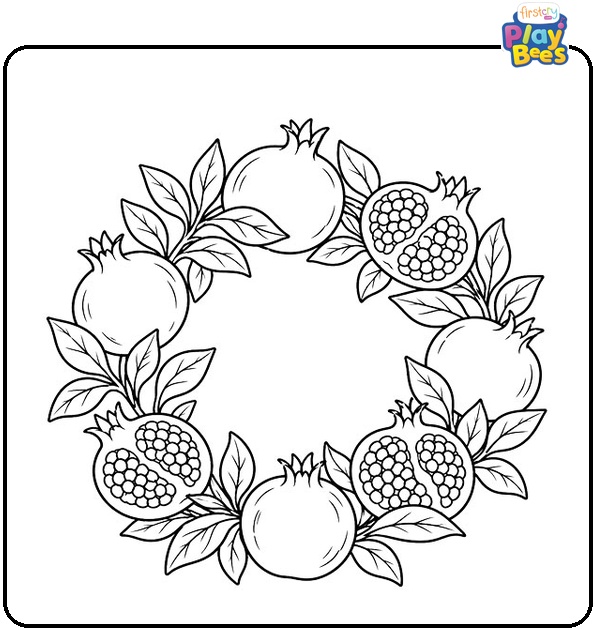 Pomegranate and Leaves Wreath Coloring Page Pomegranate and Leaves Wreath Coloring Page