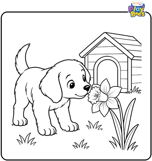 Puppy Sniffing a Daffodil Near a Doghouse Coloring Page Puppy Sniffing a Daffodil Near a Doghouse Coloring Page