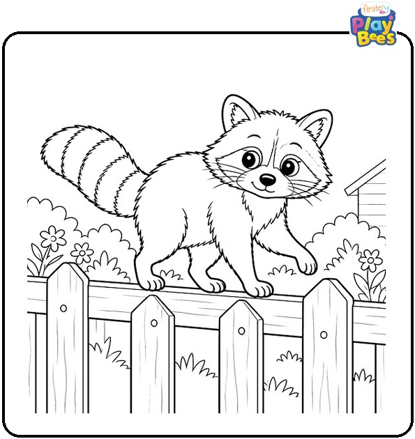 Raccoon-Balancing-on-a-Fence-Coloring-Page