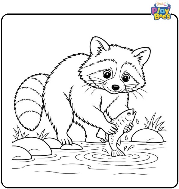 Raccoon-Catching-a-Fish-Coloring-Page