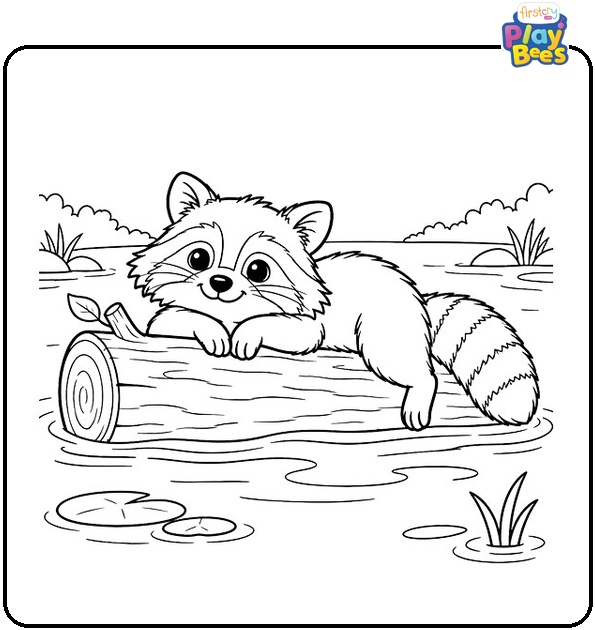 Raccoon-Floating-on-a-Log-Coloring-Page