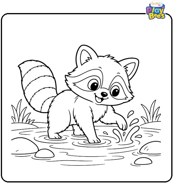 Raccoon-Playing-in-the-Water-Coloring-Page