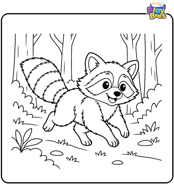 Raccoon-Running-through-the-Woods-Coloring-Page