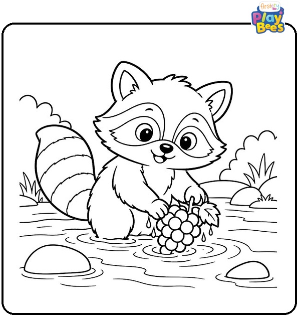 Raccoon-Washing-Grapes-in-a-Stream-Coloring-Page
