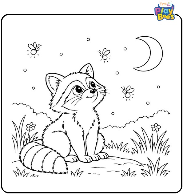 Raccoon-Watching-Glowing-Fireflies-Coloring-Page