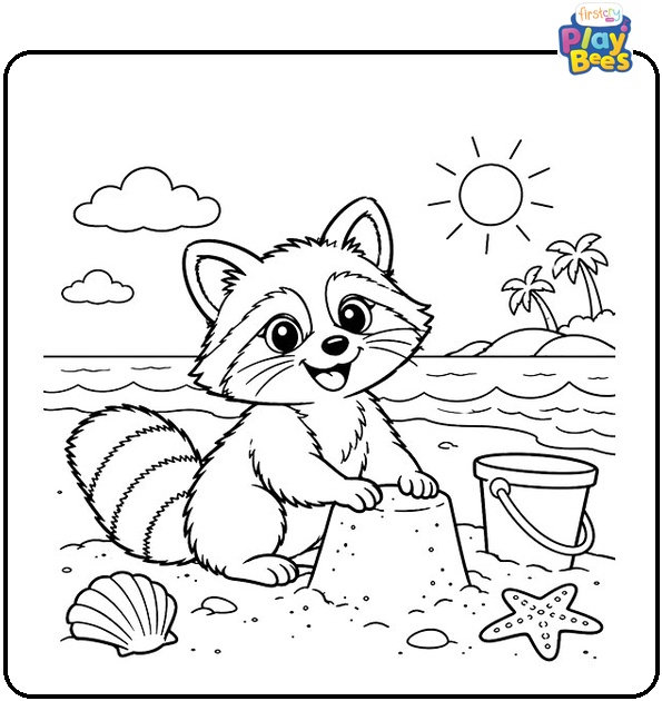Raccoon-at-the-Beach-Coloring-Page