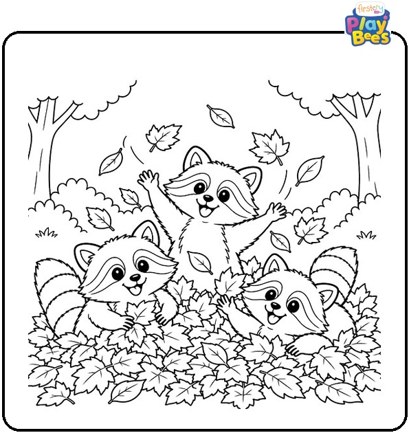 Raccoons-Playing-in-a-Leaf-Pile-Coloring-Page