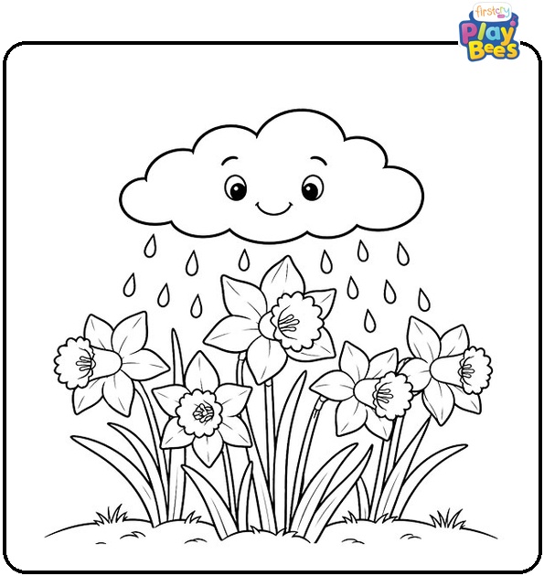 Rain Cloud Watering Daffodils Coloring Page Rain Cloud Watering Daffodils Coloring Page