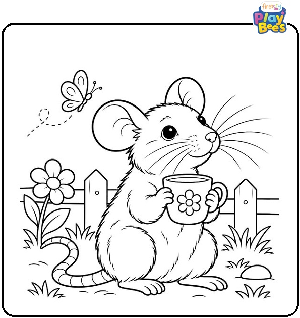 Rat Holding a Cup in a Garden Coloring Page