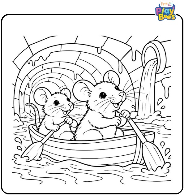Rats Sailing Through a Sewer Tunnel Coloring Page