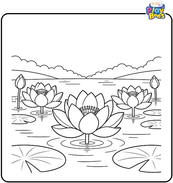 Row of Lotus Flowers Across Quiet Pond Coloring Page Row of Lotus Flowers Across Quiet Pond Coloring Page