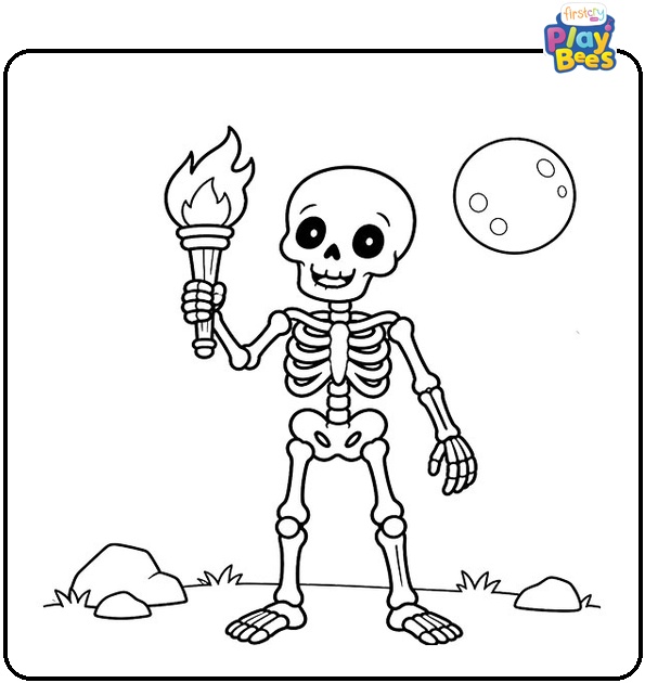 Skeleton Holding a Torch Coloring Page