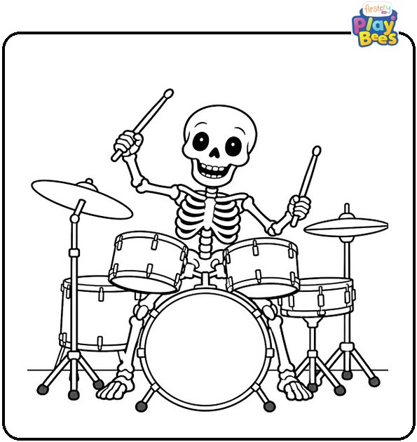 Skeleton Playing Drums Coloring Page