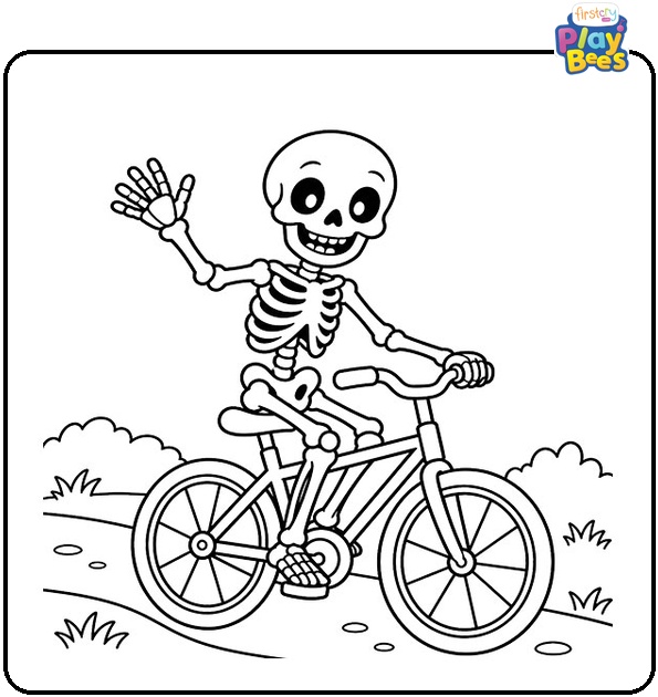 Skeleton Riding a Bicycle Coloring Page