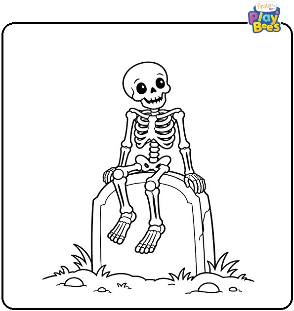 Skeleton Sitting on a Gravestone Coloring Page