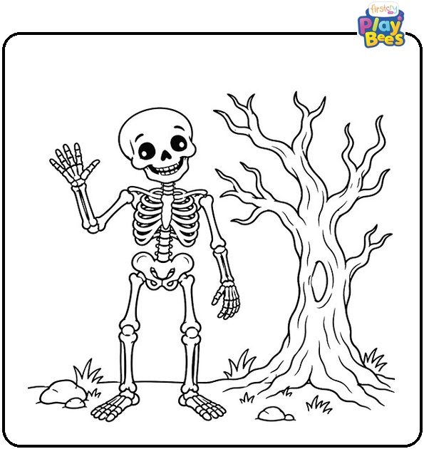 Skeleton by a Spooky Tree Coloring Page