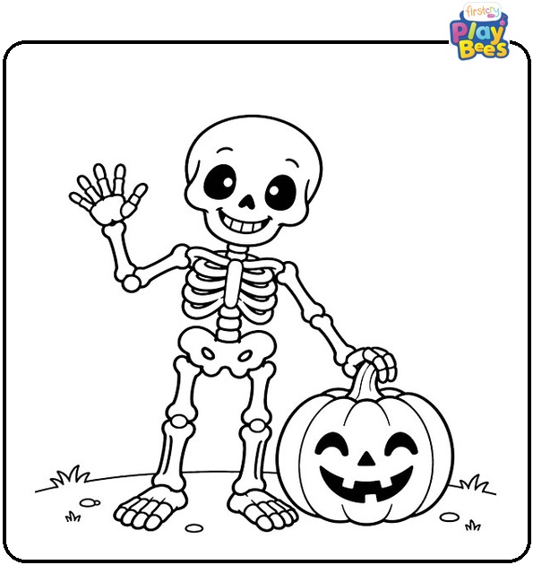 Skeleton with Jack-o'-Lantern Coloring Page