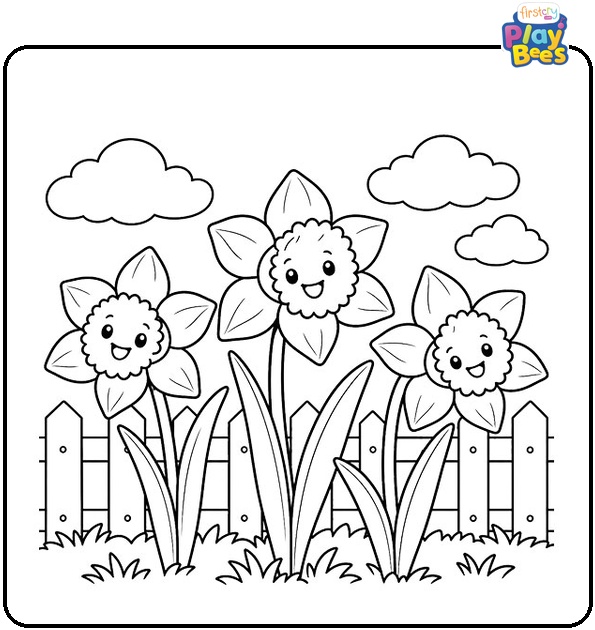 Smiling Daffodils With a Fence and Clouds Coloring Page Smiling Daffodils With a Fence and Clouds Coloring Page