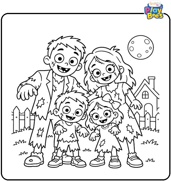 Smiling Zombie Family Coloring Page Smiling Zombie Family Coloring Page