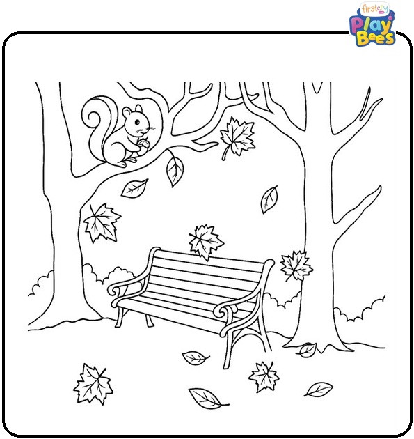 Squirl-on-Tree-and-Fall-Leave-Coloring-Page Squirl-on-Tree-and-Fall-Leave-Coloring-Page