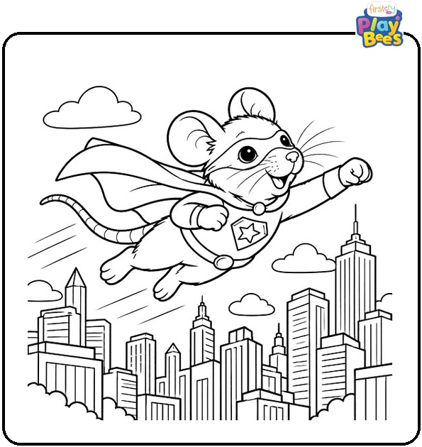 Superhero Rat Flying Over Skyscrapers Coloring Page