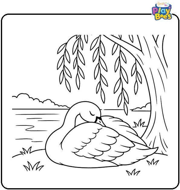 Swan-Napping-Under-a-Willow-Tree-Coloring-Page Swan-Napping-Under-a-Willow-Tree-Coloring-Page