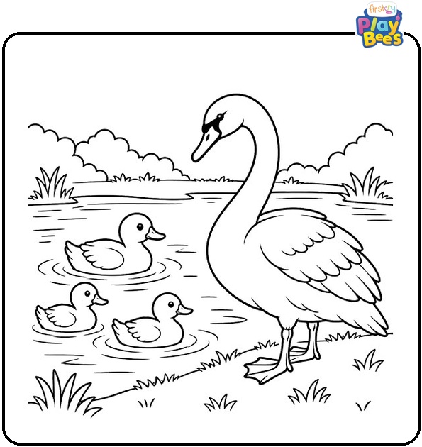 Swan-Standing-Near-Ducks-in-a-Park-Pond-Coloring-Page Swan-Standing-Near-Ducks-in-a-Park-Pond-Coloring-Page