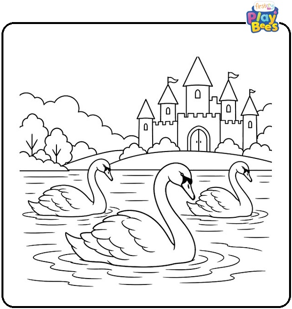 Swans-Swimming-in-Front-of-a-Castle-Coloring-Page Swans-Swimming-in-Front-of-a-Castle-Coloring-Page