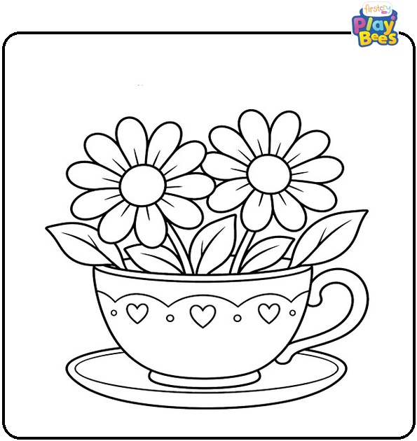 Teacup-Filled-with-Twin-Daisies-and-Leaves-Coloring-Page Teacup-Filled-with-Twin-Daisies-and-Leaves-Coloring-Page
